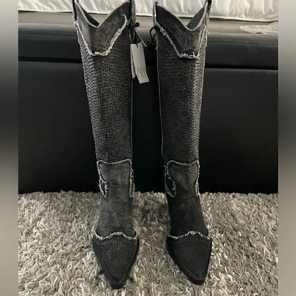 NWT Zara Rhinestone Denim Cowboy Boots - Picture 4 of 12